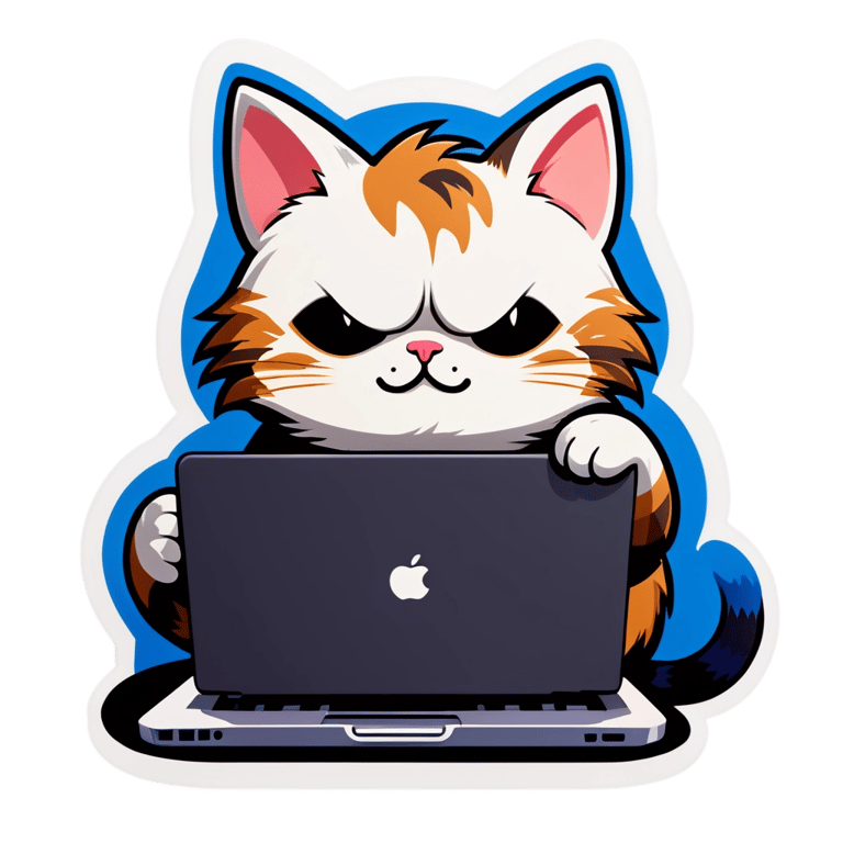 genmoji: a cute cat working on a laptop out of league , completely focused but stuggling and exhausted