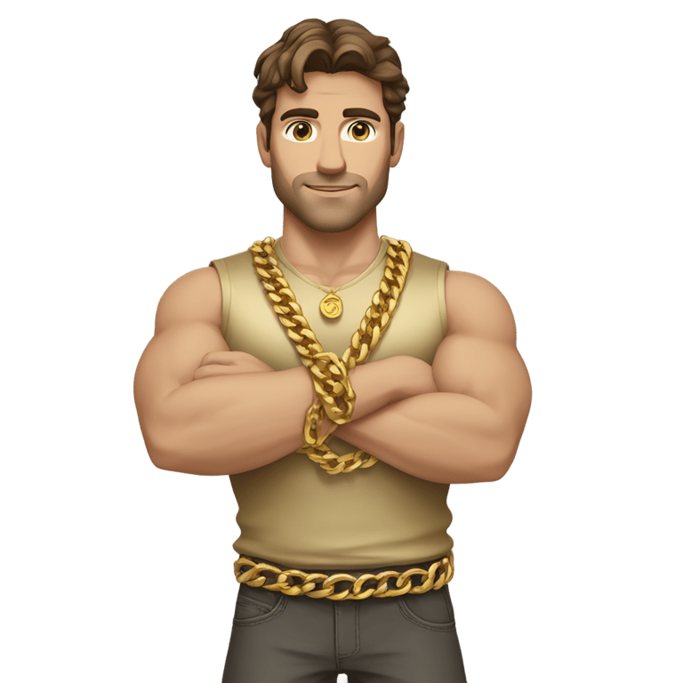 genmoji：棕发强壮白人男性，金色衬衫，多条金链，金色腕带，交叉双臂
