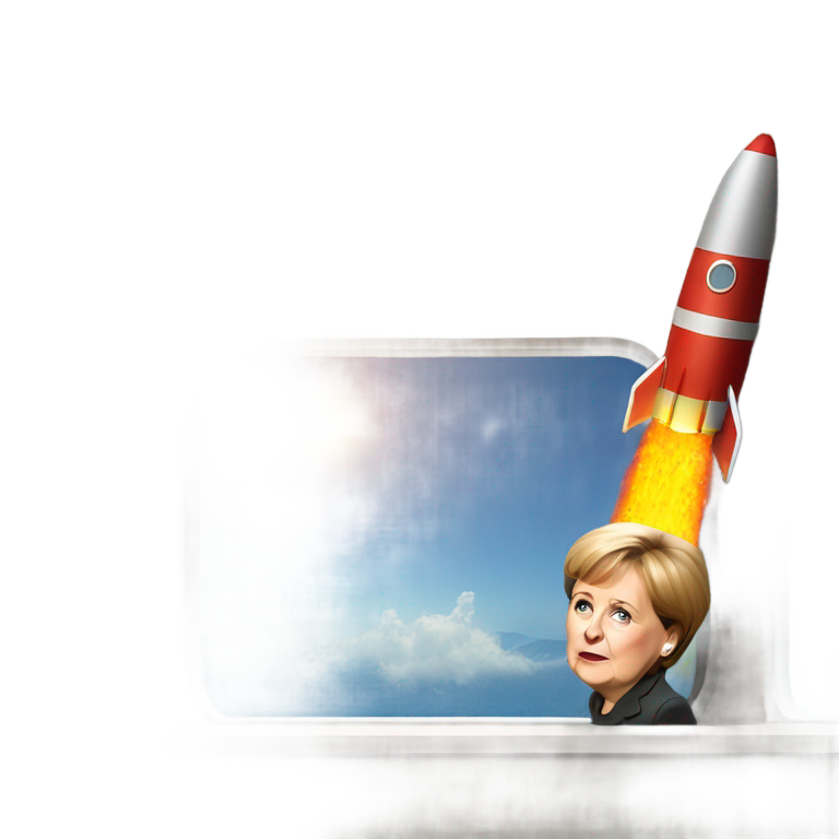 genmoji : Angela Merkel regarde par la fenêtre d'une grande fusée de lancement inclinée avec du feu.