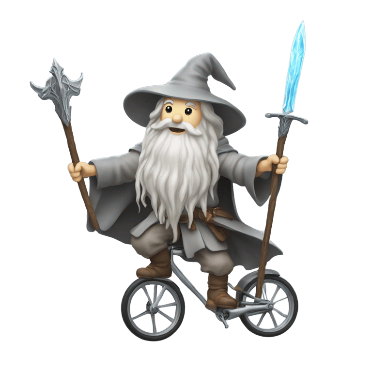 genmoji: Gandalf on a unicycle with a sword