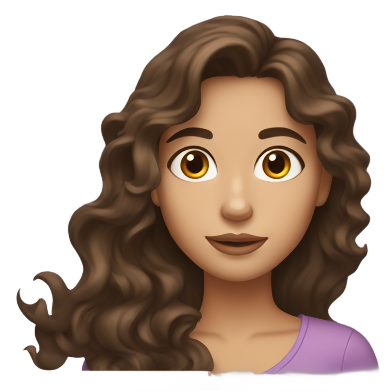 genmoji : Fille brune aux cheveux ondulés, peau moyennement bronzée et yeux marron.