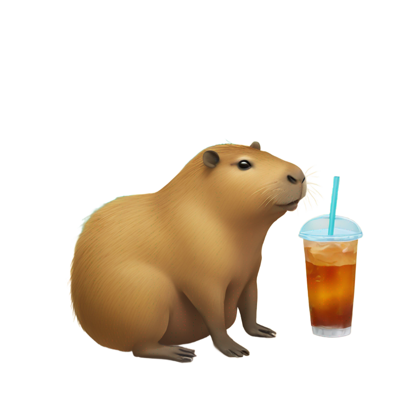 genmoji : Capybara se dorant la pilule à la plage, buvant du boba