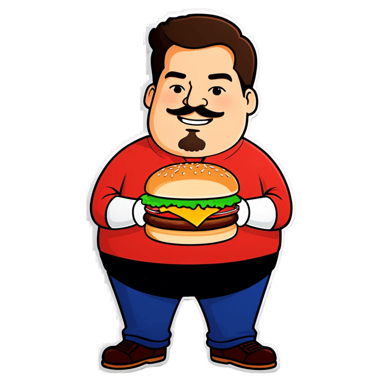 genmoji : Homme gros avec une chemise rouge portant "nickacodo", cheveux bruns et un burger.