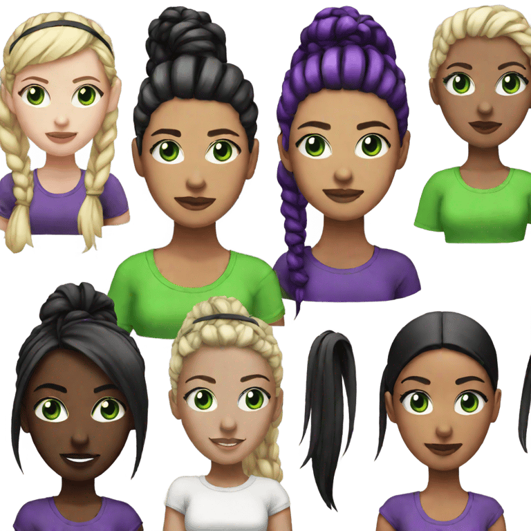 genmoji：淡色少女，亮绿色眼睛，黑色马尾辫上有红绿色条纹，戴着尖顶发带，紫色短裙上有黑白女性图案。
