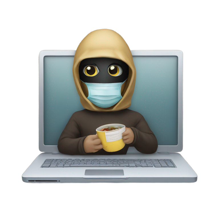 genmoji: Bondit in a mask sits at a computer.