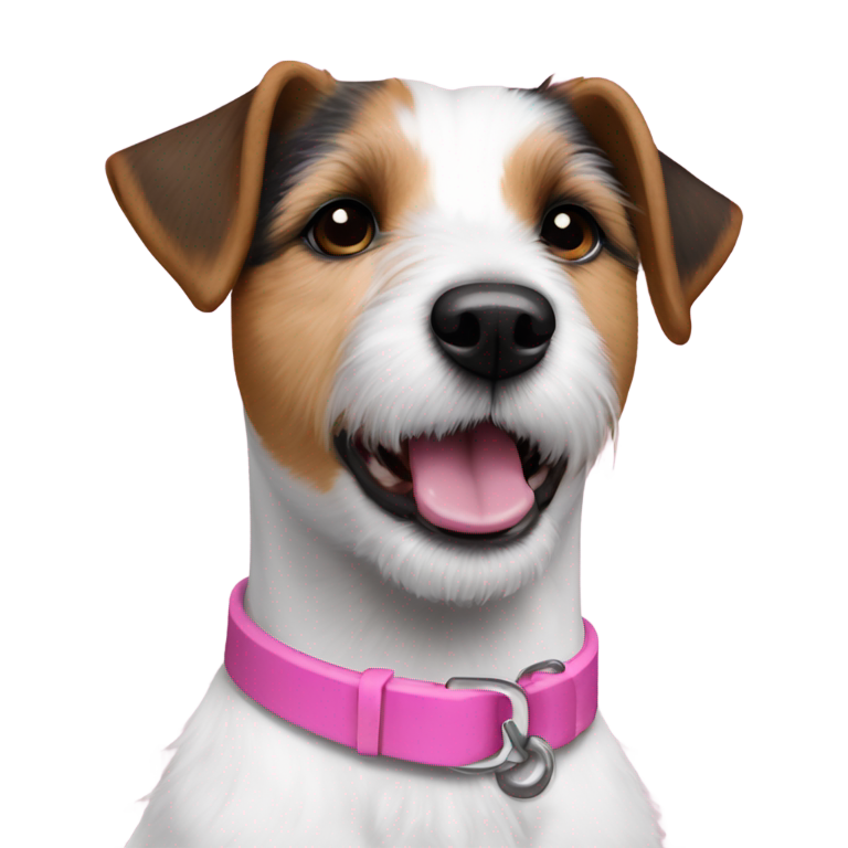 genmoji : Un terrier Parson Russell mâle avec des taches foncées portant un collier rose.
