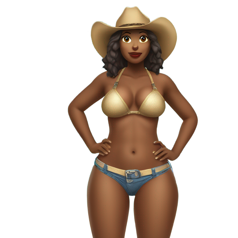 genmoji：一位身材丰满的非裔美国女牛仔，穿着比基尼，一侧胸部外露。