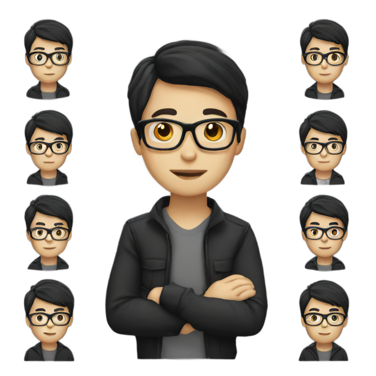 絵文字：ストレートヘアの少年がメガネをかけ、黒い作業ジャケットを着て手を振っています。