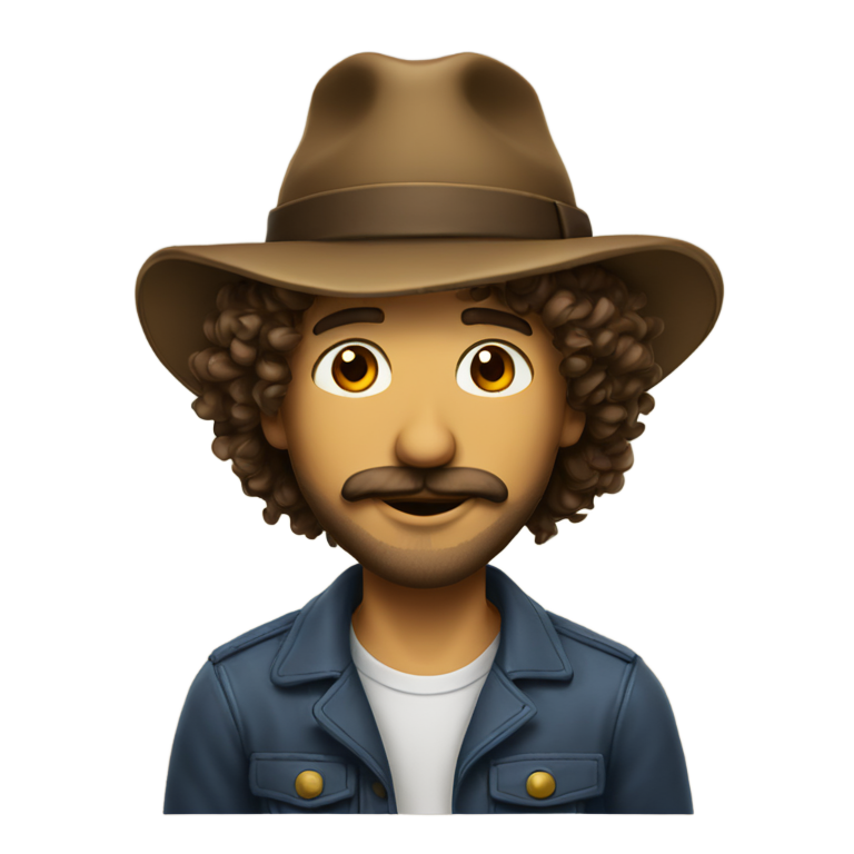 genmoji: man with a hat, a small beard, and a long lock of curly hair next to each ear. he has a large hooked nose