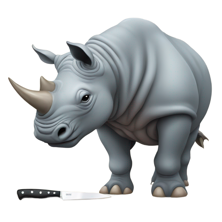 genmoji : Rhinocéros pleurant, tué par un humain armé d'un couteau, la tête arrachée.