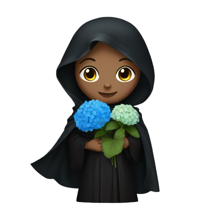 絵文字：黒いパルダと黒いアバヤを着た女性が青いアジサイの花を持っている
