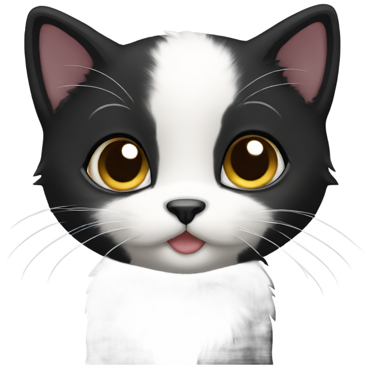 genmoji: black kitten with black head and white chin and white paws