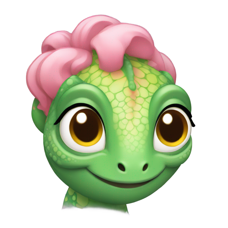 genmoji : Caméléon avec une fille aux cheveux roses courts et aux yeux verts