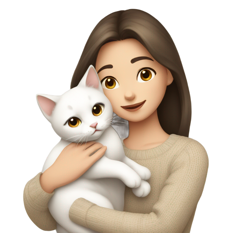 genmoji : brunette girl in beige sweater sincerely hugs her white cat with grey head
