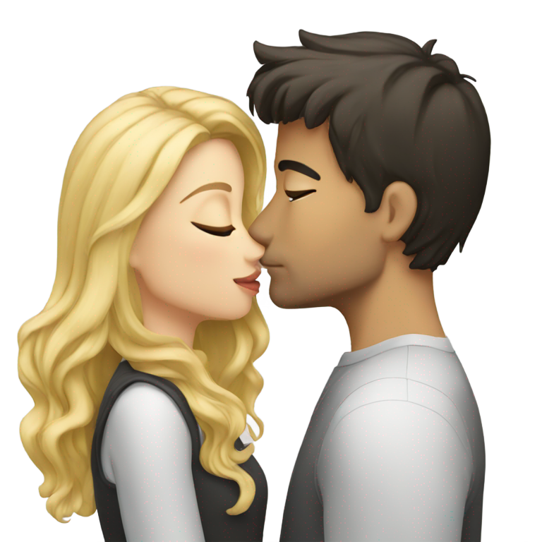 絵文字：金髪の男性が黒髪の女性をキスしている