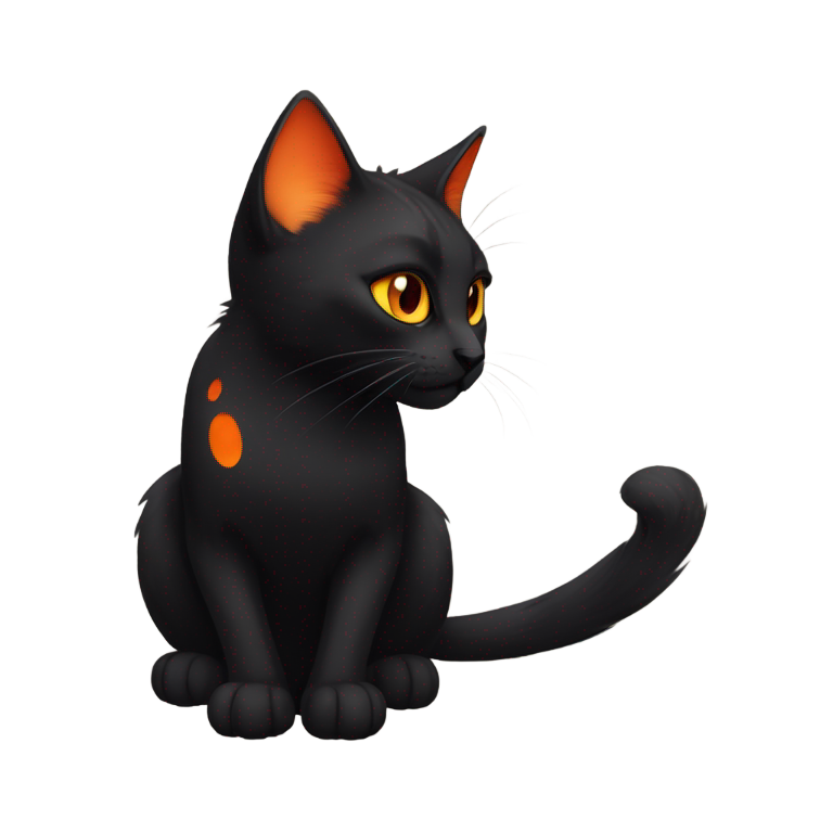 genmoji : Un chat noir avec une petite tache rouge orangé à l'extrémité de son corps et un motif de queue rouge orangé (Redtail des guerriers)