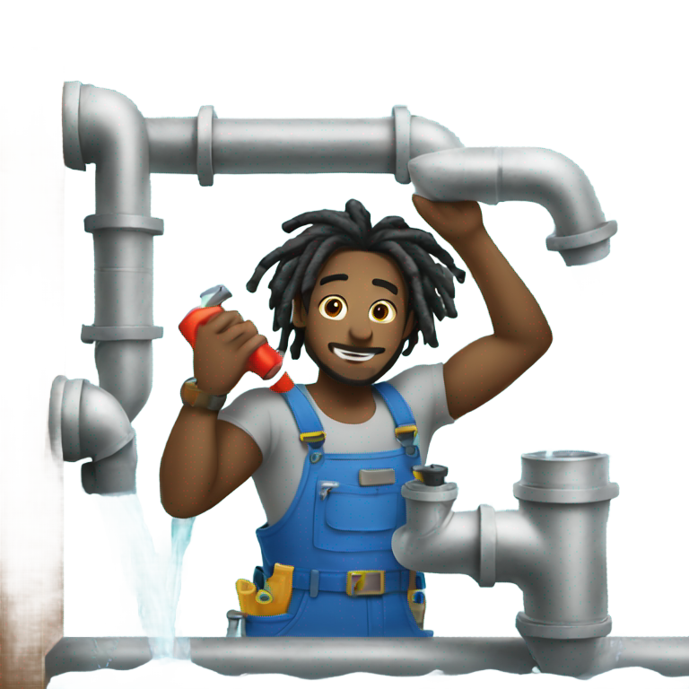 genmoji：黑人长发水管工修理管道，水四处喷射