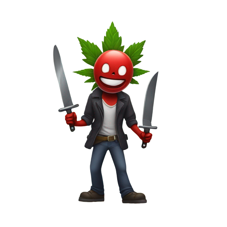 genmoji : Personnage de fleur de marijuana maléfique de film Disney, avec un visage et un couteau ensanglanté à la main.