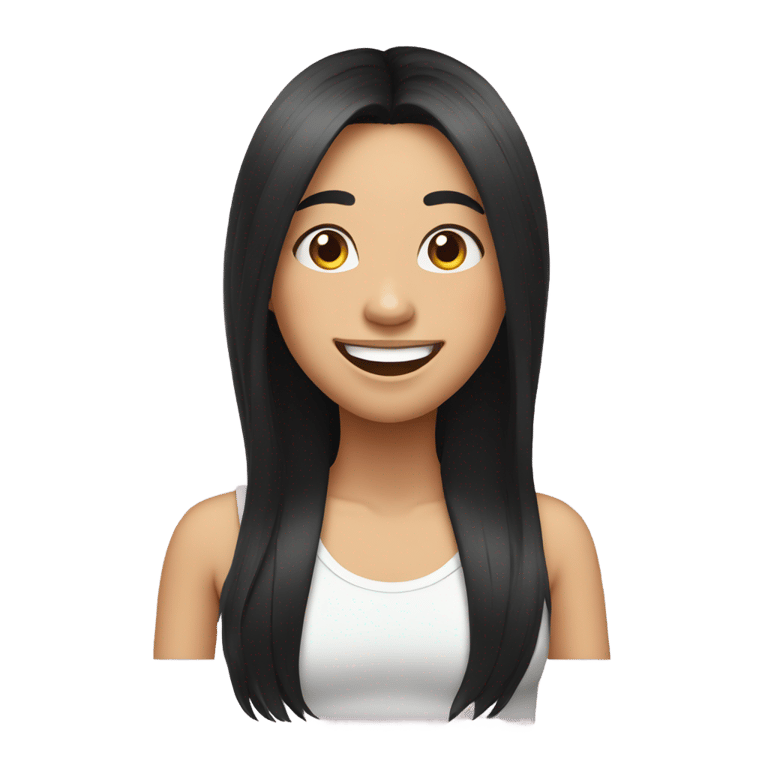 絵文字：a silly, flat girl with strait long black hair and a big cheery smile
