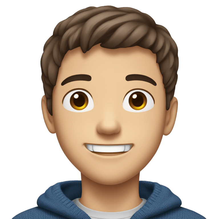 genmoji : A 15-year-old white male with dark brown hair. Middle part cut longer. Blue sweater color. Smiling brown eyes where you can see his teeth. Low angle shot stopping halfway down the stomach.