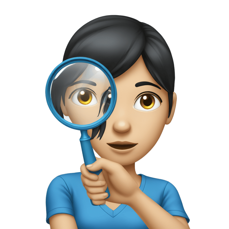 絵文字：A girl with black hair wearing blue polo t-shirt holding a magnifying glass to her eye front perspective