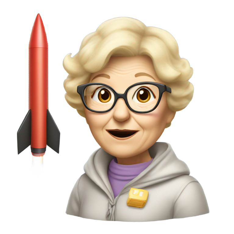 genmoji : Une grand-mère blonde aux cheveux courts est attachée à une grande fusée de lancement inclinée.