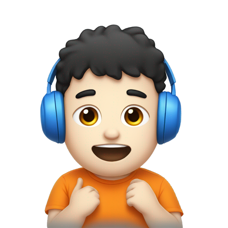 genmoji : Gros enfant blanc autiste aux cheveux noirs portant des écouteurs orange et bleu, avec triple menton, mangeant de la nourriture.