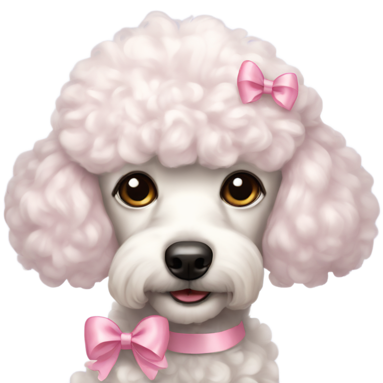 絵文字：白いふわふわのファンシープードルが淡いピンクのヘアリボンを着用しています。