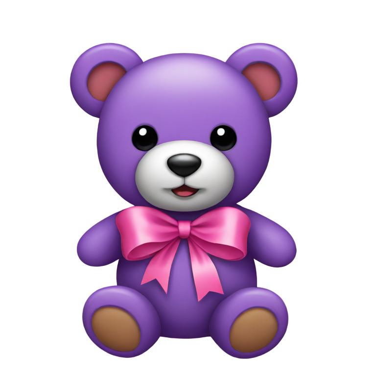 絵文字：紫のテディベア、ピンクのリボン付き