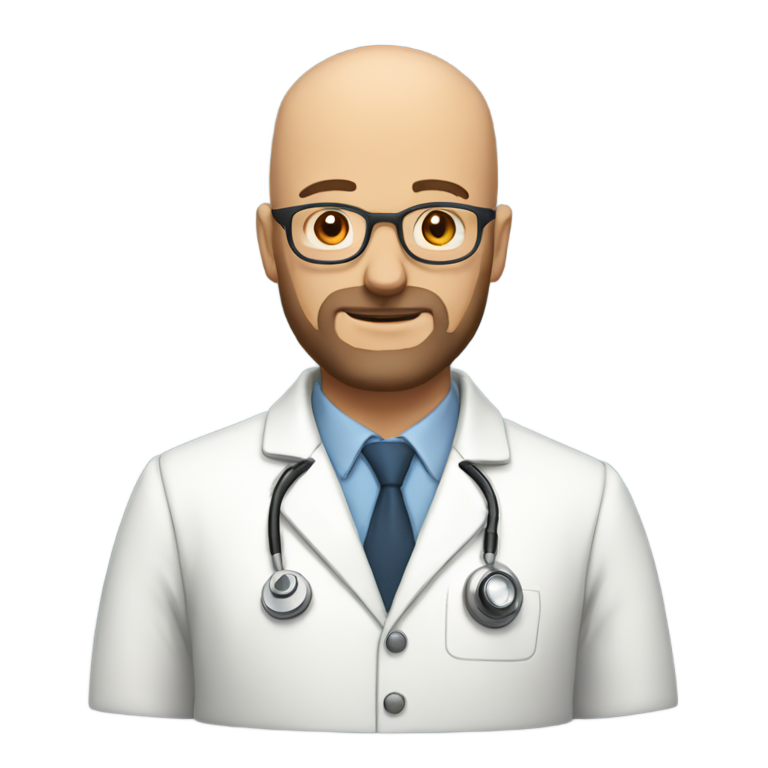 genmoji : Le médecin est un homme en blouse blanche, chauve, portant des lunettes et une courte barbe.