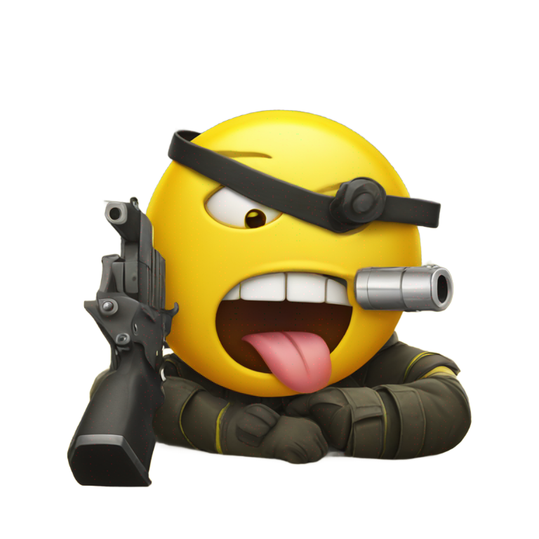 genmoji：黄色表情符号，疯狂眼睛，吐舌头，手持枪指头