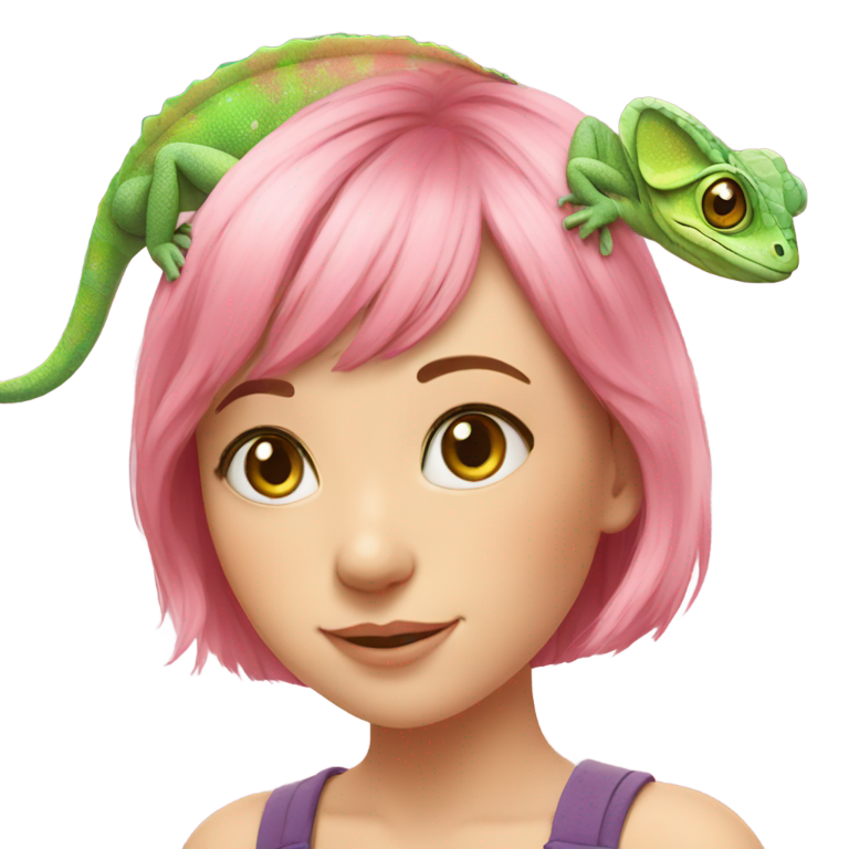 genmoji : Caméléon sur la tête d'une fille aux cheveux roses courts et aux yeux verts