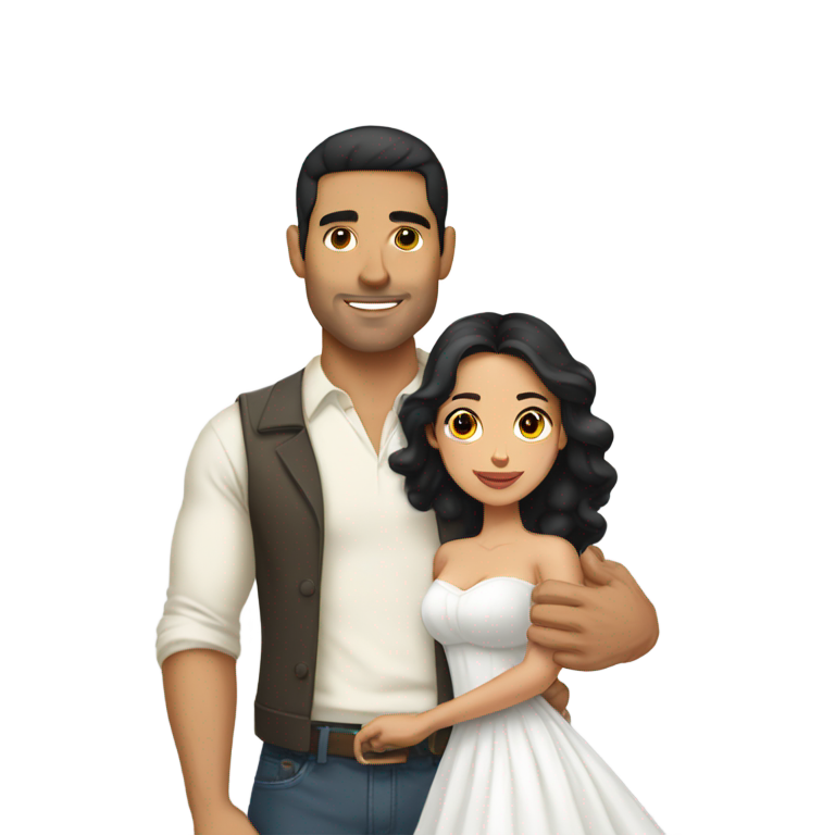 絵文字：ラテン系男性が短い黒髪で、長いウェーブの黒髪と白いロングドレスのラテン系女性を抱いている。