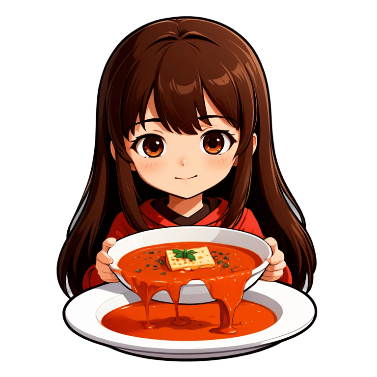 genmoji : Une mignonne fille anime aux longs cheveux bruns et frange, dégustant un grilled cheese et une soupe de tomate.