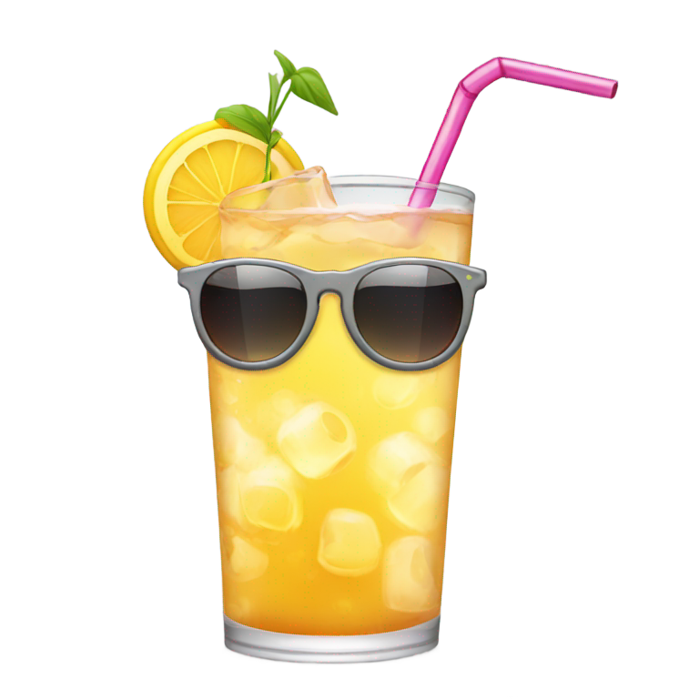 絵文字：ストローで透明な飲み物を飲み、サングラスをかけている