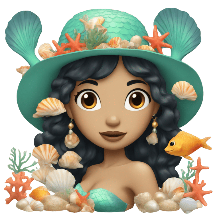 genmoji : A mermaid with black hair and wearing a hat made of shells and coral