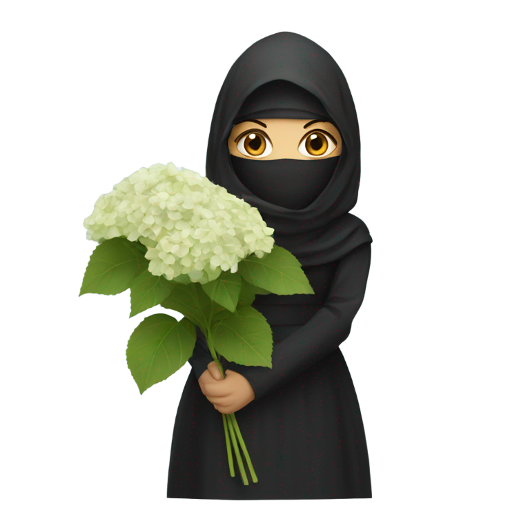 絵文字：ニカブを着用した女性がアジサイの花を持っている