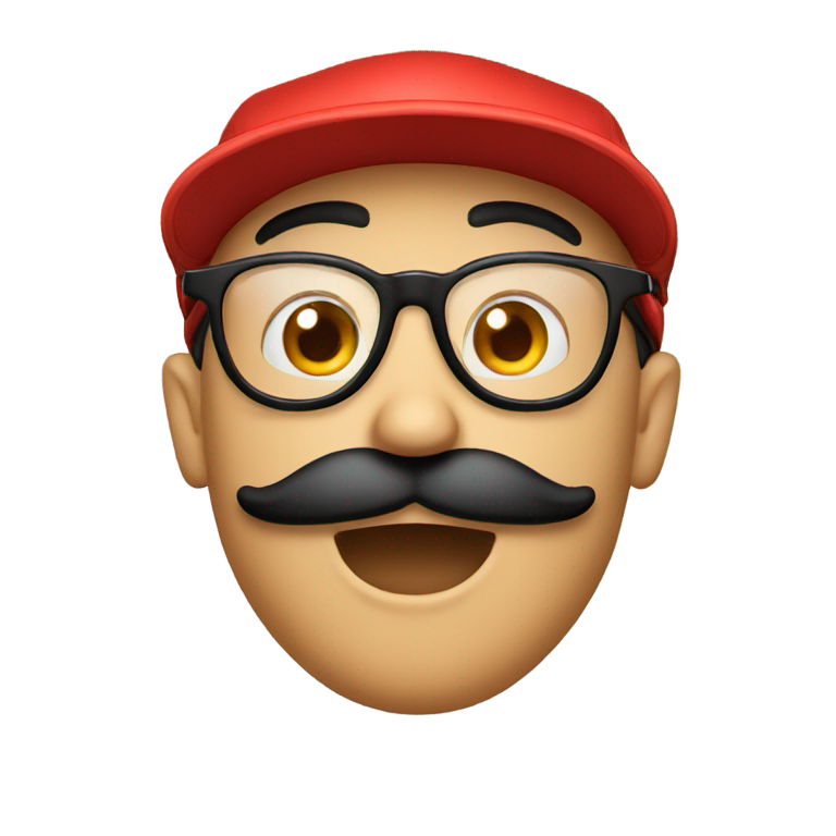 genmoji: funny face wearing a red basecap, simple round glasses and black mustache above the lips