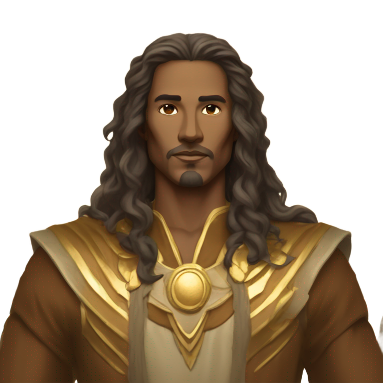 genmoji : Homme en vêtements aux tons terre avec des accents dorés, cheveux longs et fluides, traits faciaux nets et dignes, présence royale et calme, reflétant son statut de sage Archange Geo avec une connexion profonde à la terre.