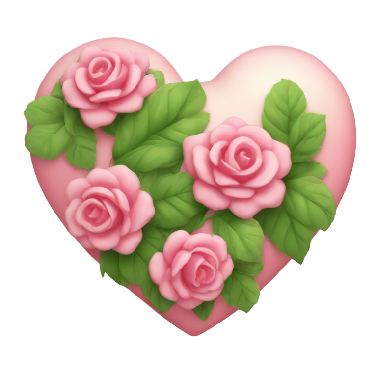 genmoji: red heart in Apple iOS emoji style, small pink roses and green leaves attached to the heart, soft 3D shading, bright pastel colors, no background"