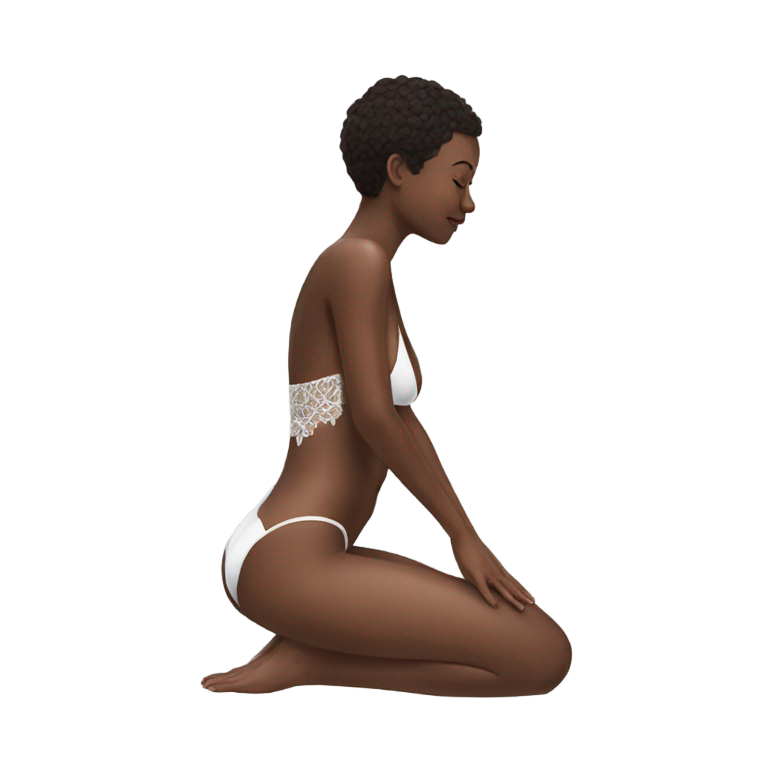 genmoji : Rampant à quatre pattes en maillot de bain en dentelle blanche fine, vue de côté