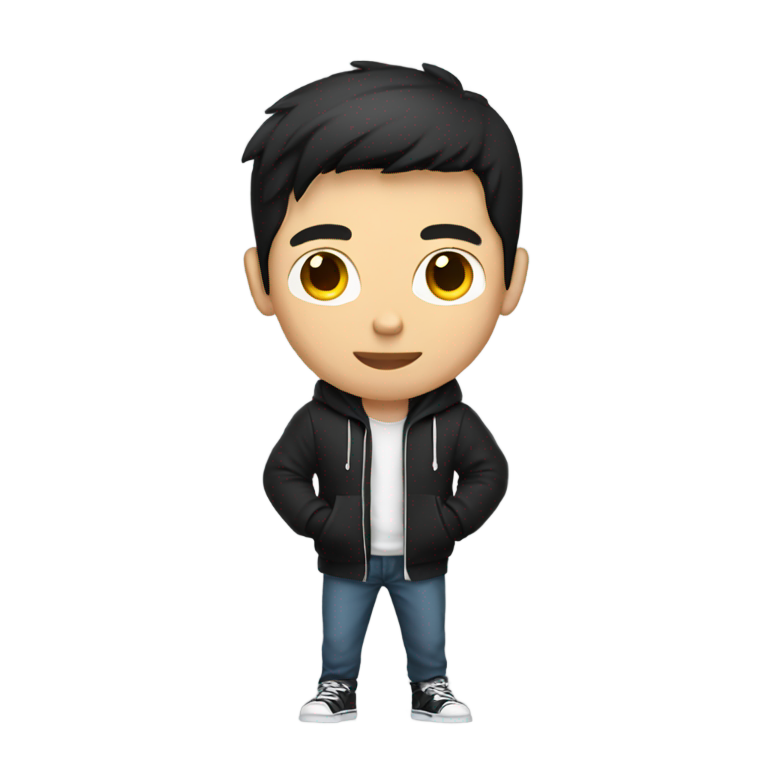 絵文字：A guy in a black hoodie with short dark hair holds a camera in his hand