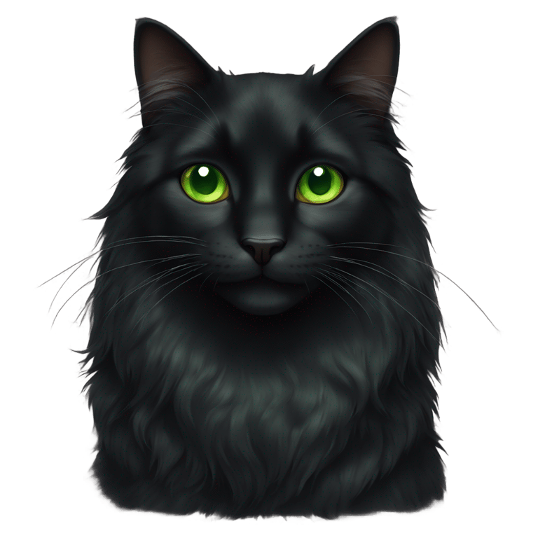 genmoji: Black longhair cat with green eyes that have brown dots inside