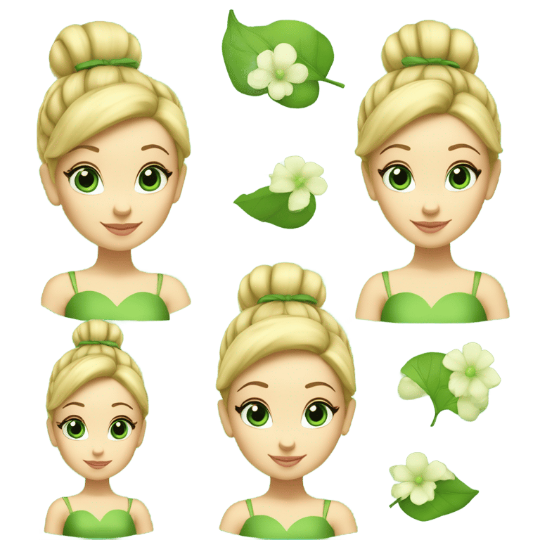 genmoji: Tinker Bell is a short fairy with light skin tone, round blue eyes and blonde hair tied up in an elegant bun. She wears a green dress made of leaves. She always has a cotton ball in each of her green shoes