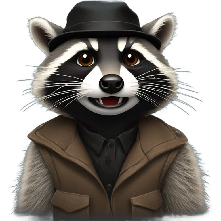 genmoji : Un raton laveur portant un chapeau noir et une pipe dans la bouche.
