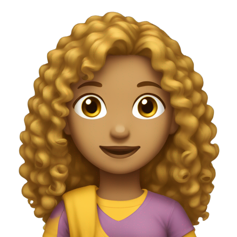genmoji：长卷黑发女孩，肤色浅，棕色眼睛，快乐微笑，穿黄色衣服。