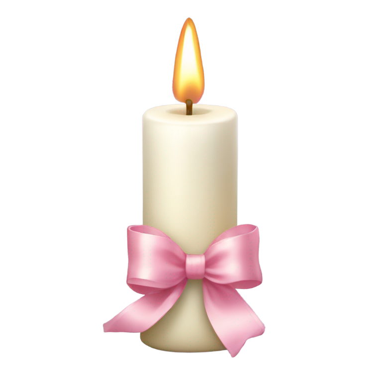 genmoji: lit white candle in Apple iOS emoji style, golden flame, white wax, tied with a soft pink ribbon bow, soft 3D shading, pastel colors,