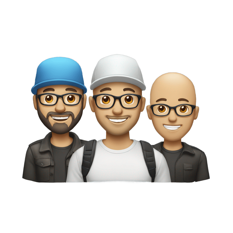 genmoji：三个人，皮肤白皙，围着蛋糕庆祝生日。其中一个光头，戴着眼镜，耳机和麦克风。另一个有胡子，黑发，戴眼镜。第三个光头，戴着帽子。