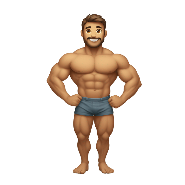 genmoji：健美男孩，肌肉发达，英俊，双臂 crossed，裸体，下半身周围有光环，下半身被腿部遮挡，背景简单，适合UI图标。