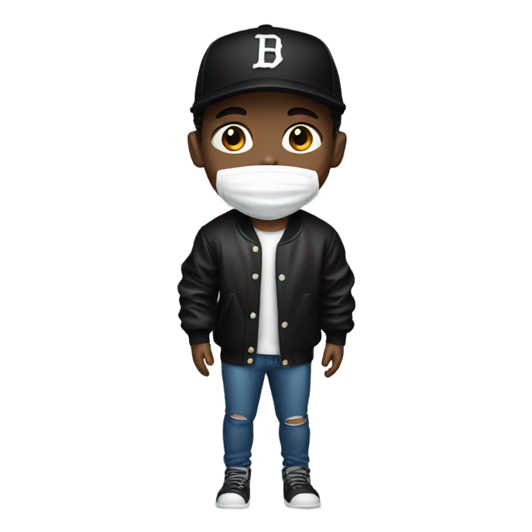 genmoji: Boy in baseball jacket and baseball hat and face mask all black